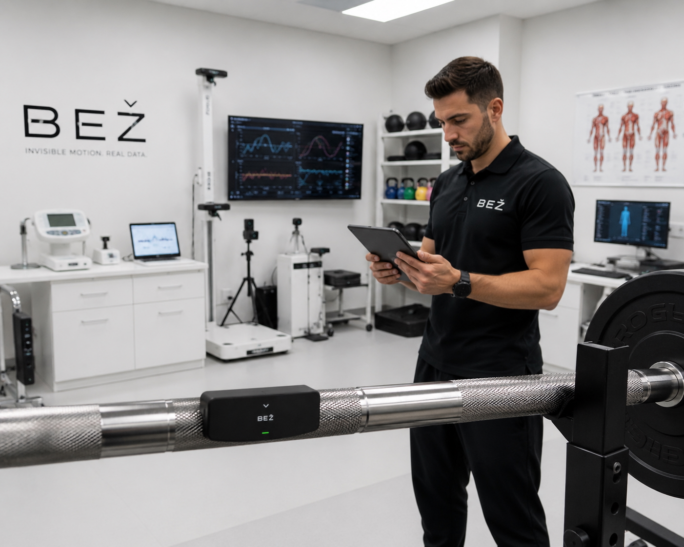 Investigador con BEŽ en barra de laboratorio biomecánico